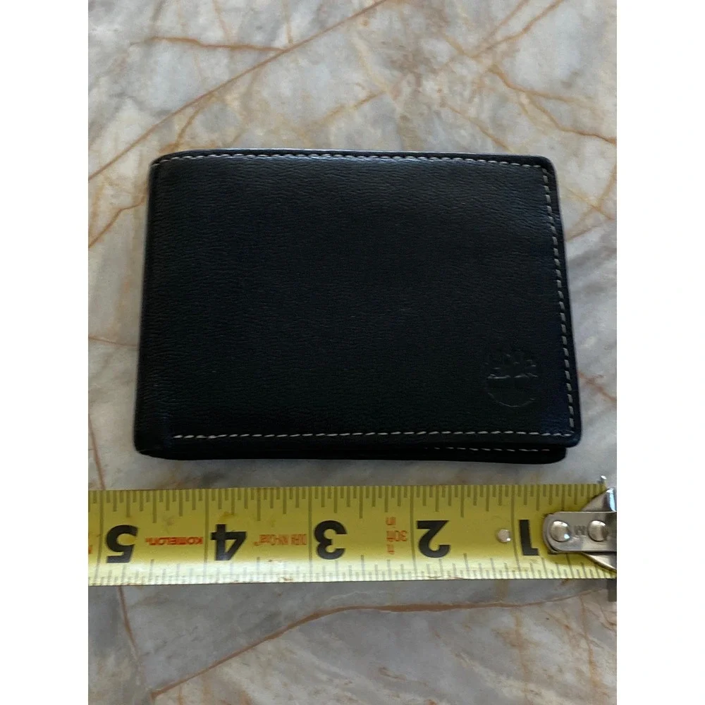 Timberland Mens Black Leather Bifold Wallet Contrast Stitch Embossed Tree Logo